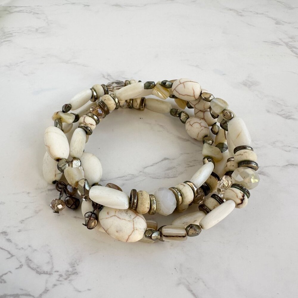 Boho White Stone Memory Wire Bracelet, Rustic Southwest Wrap Bracelet - Picture 5 of 5